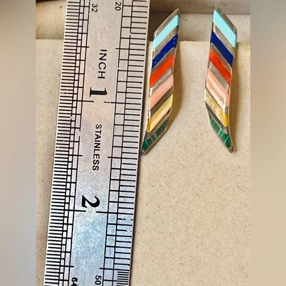 Zuni VTG Native American Sterling Turquoise Coral Onyx Opal Lapis Earrings - Picture 3 of 7